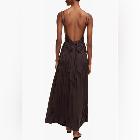 Rebecca Taylor NWT Sz 6 Ruched Mesh Maxi Dress with Adjustable Tie Waist- Walnut - Picture 2 of 5